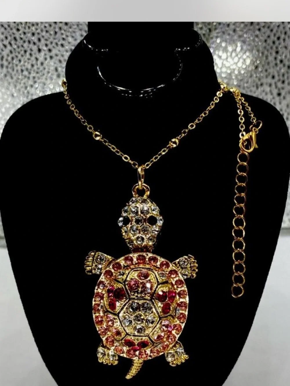 Ladies ^^^ Gold Turtle 3d 3”  Pendant Necklace ^^^ Iced Pink /  Red Crystals *^*